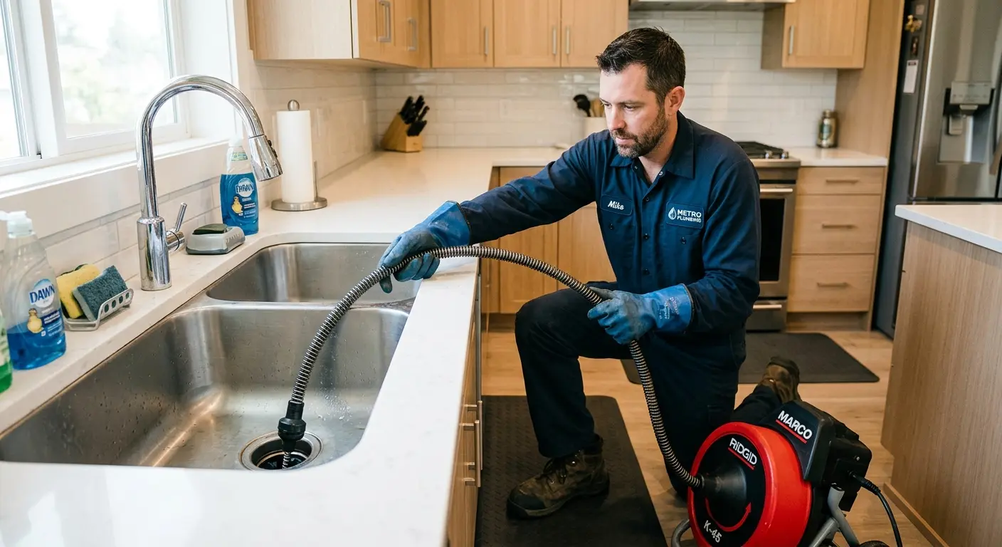 Drain cleaning technician using a motorized snake on a kitchen sink in Oneonta