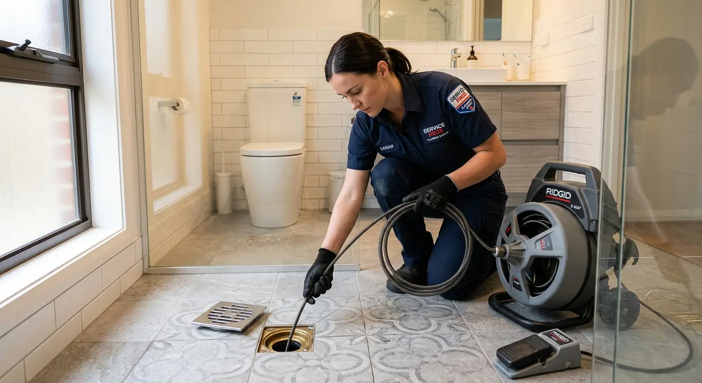 Technician clearing a bathroom floor drain for Drain Cleaning in Oneonta